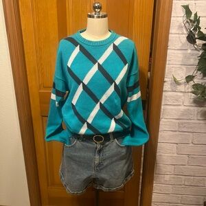 PURITAN Vintage Eclectic Grandpa Preppy Teal Argyle 100% Cotton Sz L